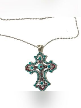 Turquoise & Red Beaded Cross Pendant Necklace - Women Jewelry